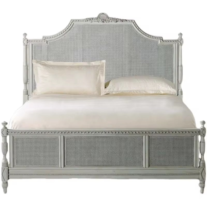French Style Solid Wood Rattan King Size Bed Hand Carved Bedroom Queen Size Bed Furniture Sets