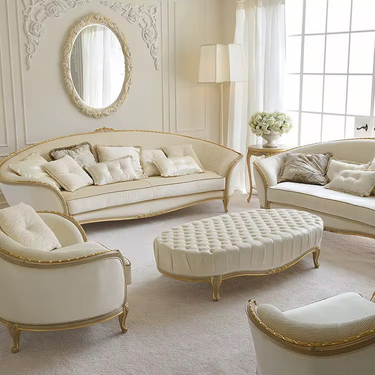 3+2+1 Sofa Set White Gold Painted Birch Solid Wood Baroque Design 7 Seater Sectional Sofas Living Room Furniture