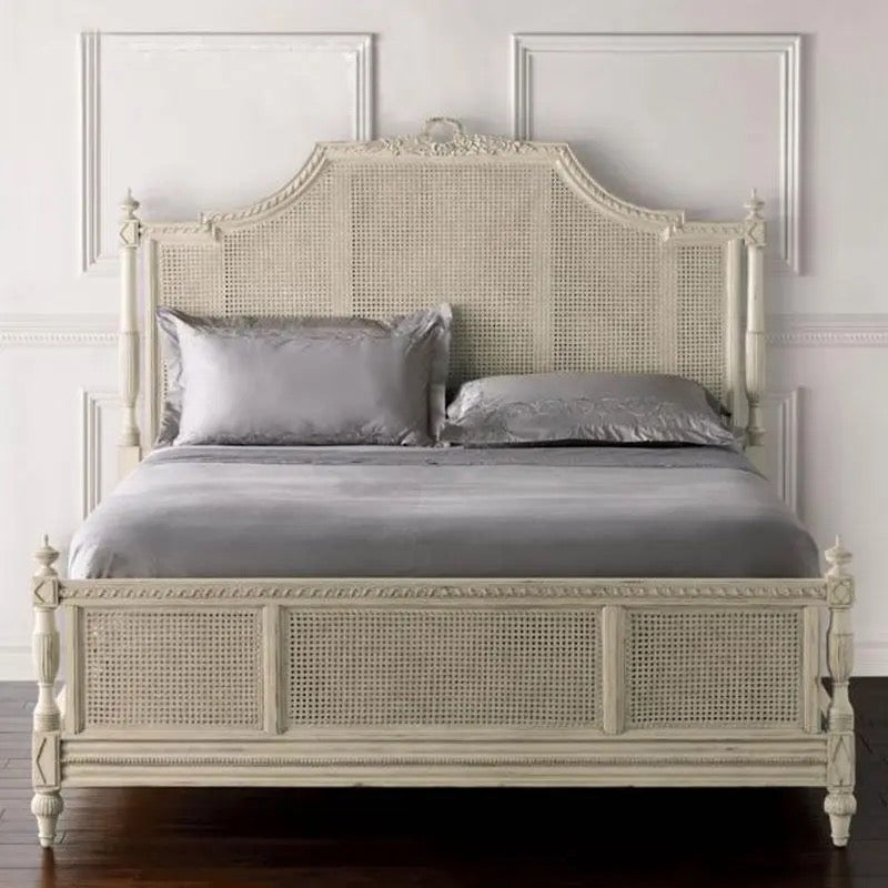 French Style Solid Wood Rattan King Size Bed Hand Carved Bedroom Queen Size Bed Furniture Sets