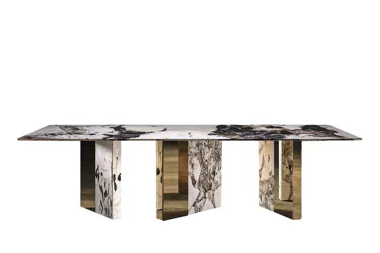 Ultra Luxury Dining Room Furniture White And Gold Marble Metal Legs Dining Table 8 Seater Dining Table Set