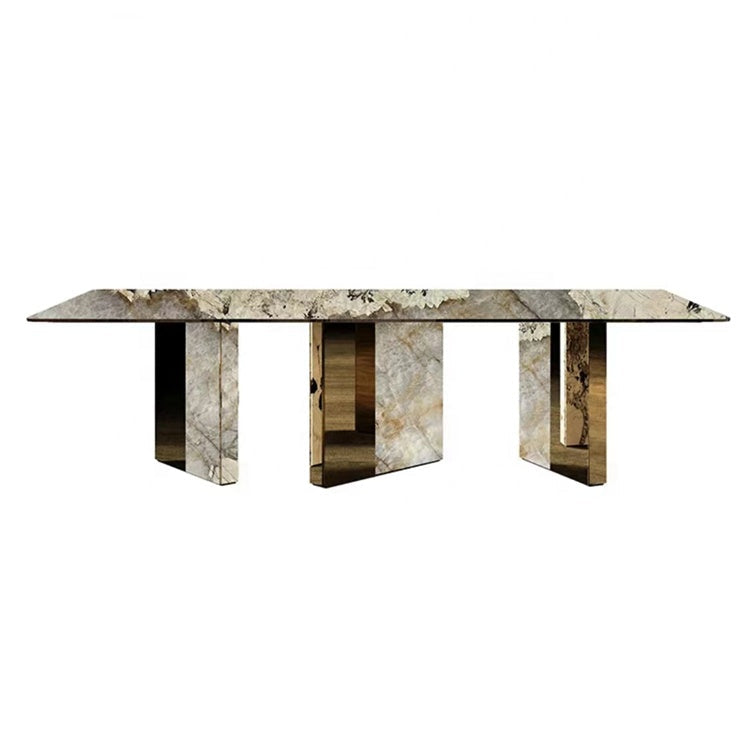 Ultra Luxury Dining Room Furniture White And Gold Marble Metal Legs Dining Table 8 Seater Dining Table Set