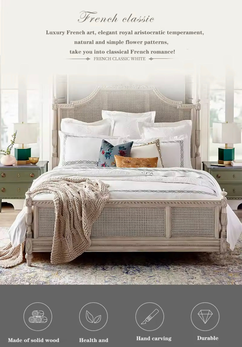 French Style Solid Wood Rattan King Size Bed Hand Carved Bedroom Queen Size Bed Furniture Sets