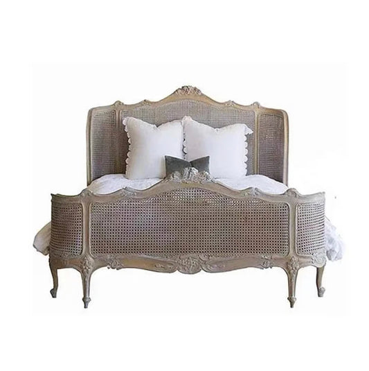 Bedroom King Queen Solid Oak Wood Bed French Retro Rattan Hand Carved Bed Furniture