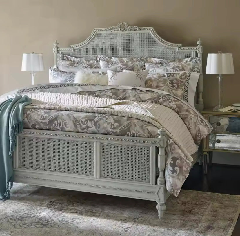 French Style Solid Wood Rattan King Size Bed Hand Carved Bedroom Queen Size Bed Furniture Sets