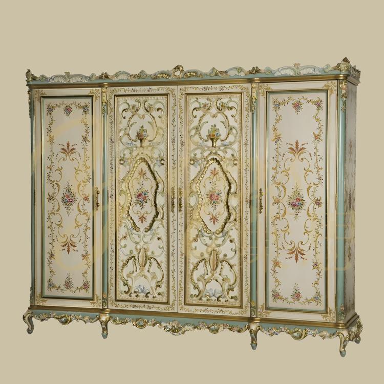 French Rose Series Handpainted Rose Pattern Bedroom Set Furniture Classical 4-Door Wardrobe, Bed Set,  Chest of Drawers 