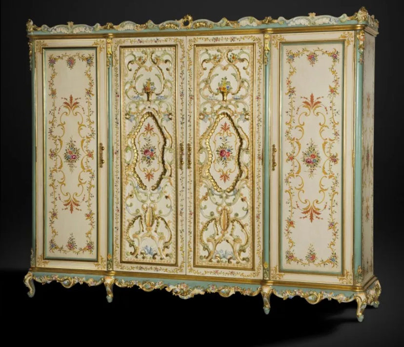 French Rose Series Handpainted Rose Pattern Bedroom Set Furniture Classical 4-Door Wardrobe, Bed Set,  Chest of Drawers 