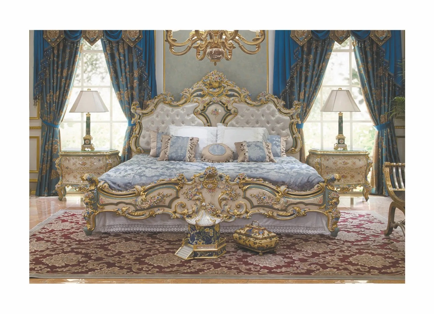 French Rose Series Handpainted Rose Pattern Bedroom Set Furniture Classical 4-Door Wardrobe, Bed Set,  Chest of Drawers 