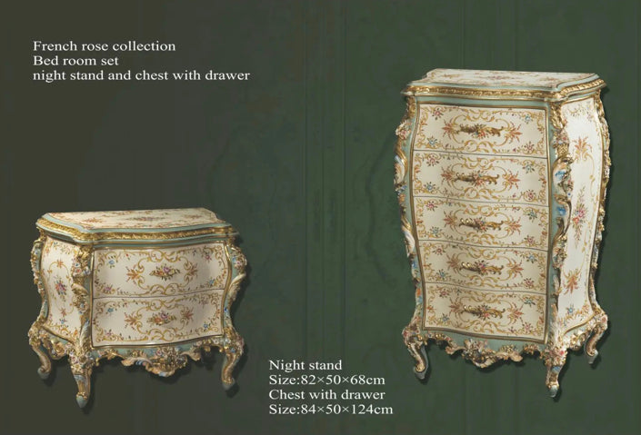 French Rose Series Handpainted Rose Pattern Bedroom Set Furniture Classical 4-Door Wardrobe, Bed Set,  Chest of Drawers 