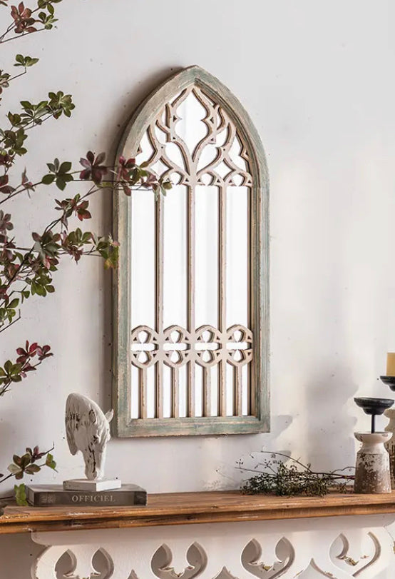 Antique Arch Shape Hanging Wall Mirror Farmhouse Garden Decorative Wood Framed Wall Mirrors