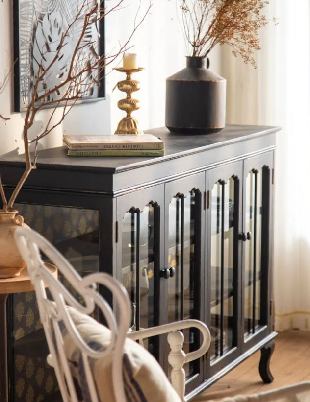 Retro Design Living Room Console Furniture Black Wood Glass Doors Sideboard Buffet Accent Cabinet