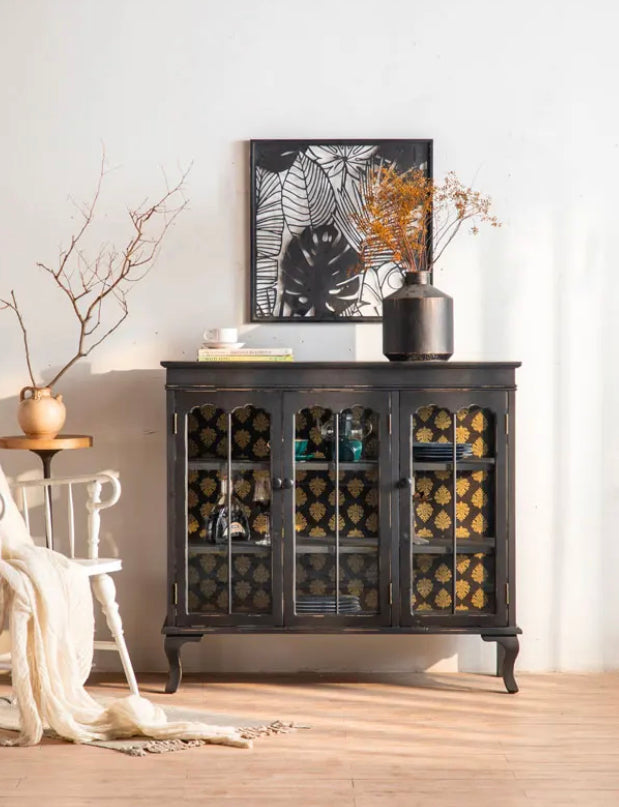 Retro Design Living Room Console Furniture Black Wood Glass Doors Sideboard Buffet Accent Cabinet