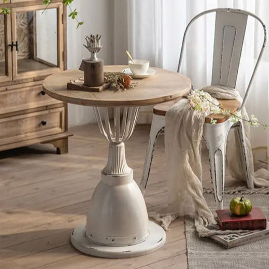 Industrial Wrought Iron & Ash Tea Table - Adjustable Round Accent Table