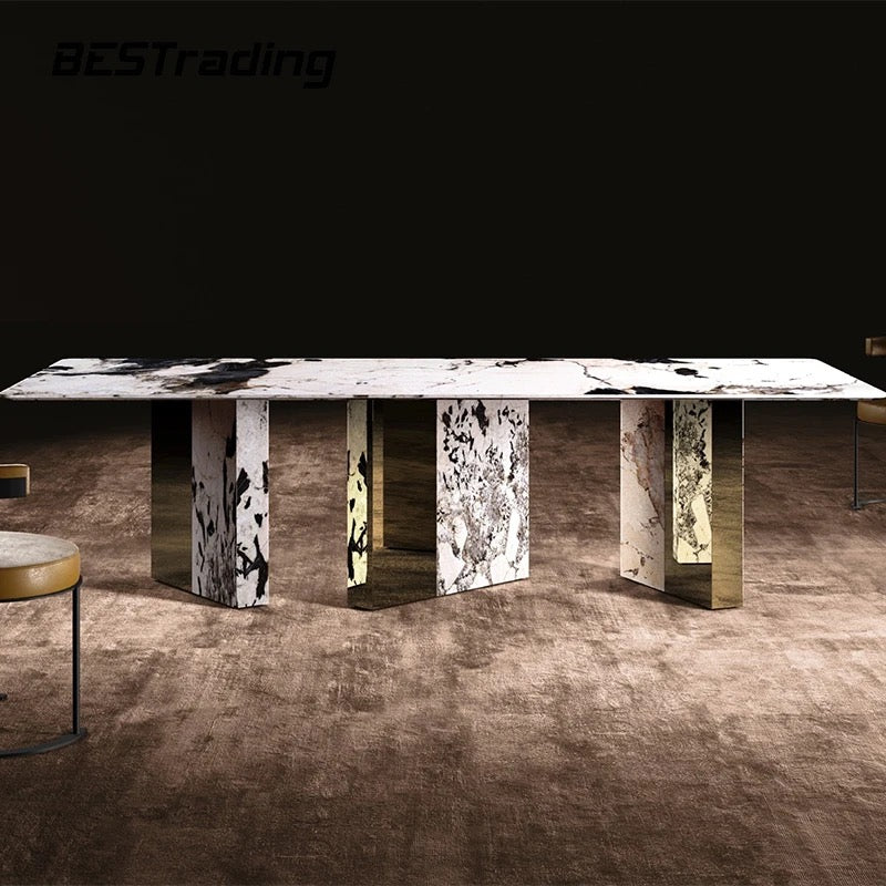 Ultra Luxury Dining Room Furniture White And Gold Marble Metal Legs Dining Table 8 Seater Dining Table Set