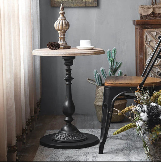 Scandinavian Modern Round Tea Table - Industrial Wood & Iron Accent Drink Table