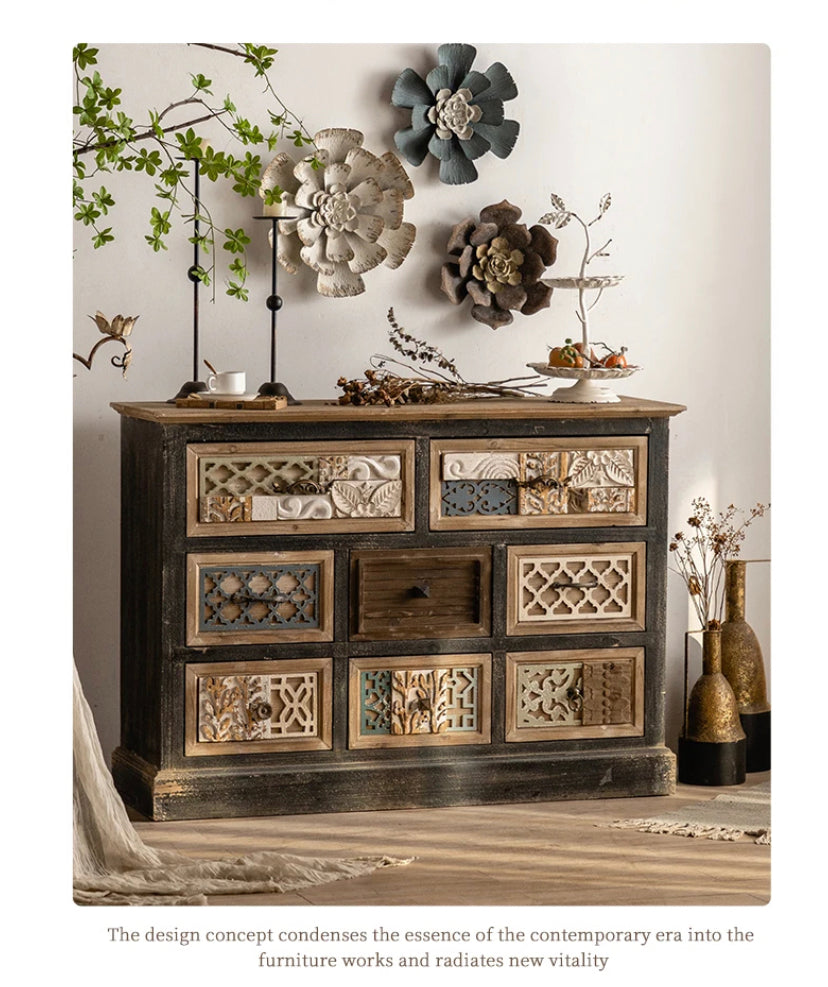 Luxury European Vintage Living Room Cabinet Carved Drawers Adornment Ark Wood Chest Display Accent Cabinets