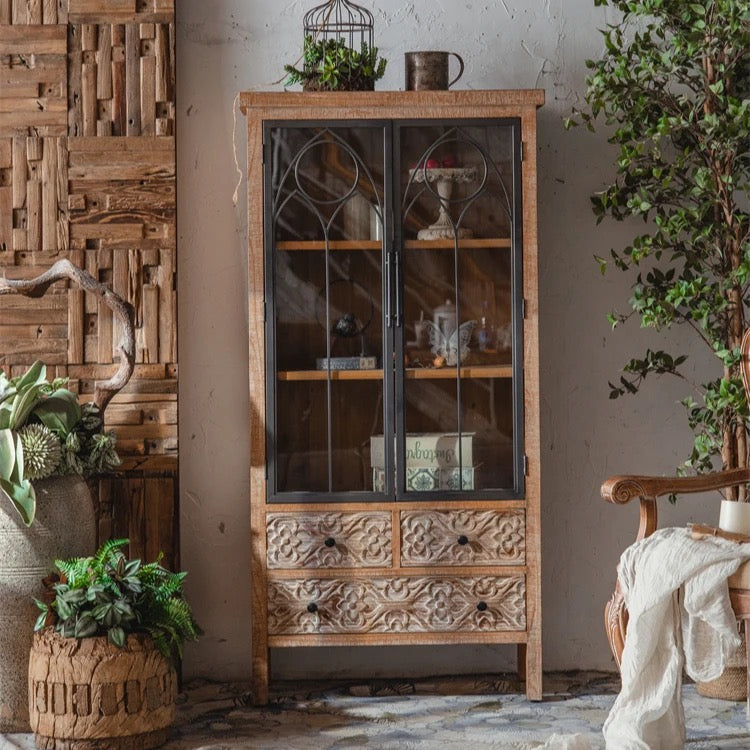 Living Room Furniture Solid Wood Cabinet Farmhouse Vintage Two Door Four Drawer Accent Cabinet