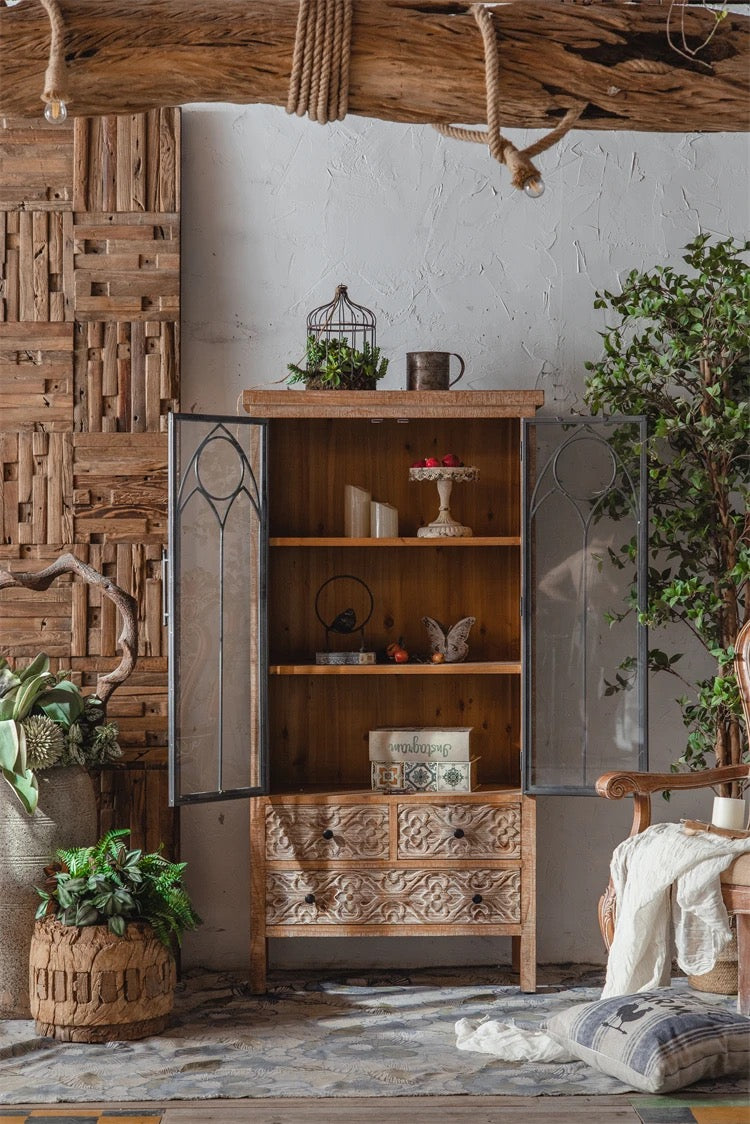 Living Room Furniture Solid Wood Cabinet Farmhouse Vintage Two Door Four Drawer Accent Cabinet