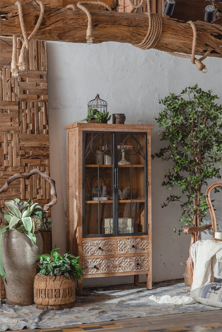 Living Room Furniture Solid Wood Cabinet Farmhouse Vintage Two Door Four Drawer Accent Cabinet