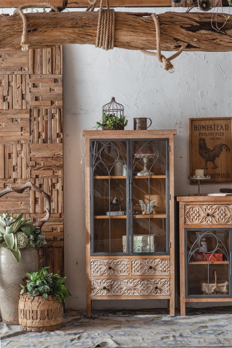 Living Room Furniture Solid Wood Cabinet Farmhouse Vintage Two Door Four Drawer Accent Cabinet