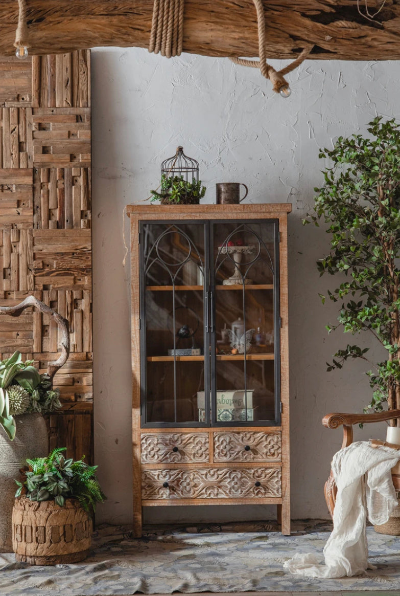 Living Room Furniture Solid Wood Cabinet Farmhouse Vintage Two Door Four Drawer Accent Cabinet