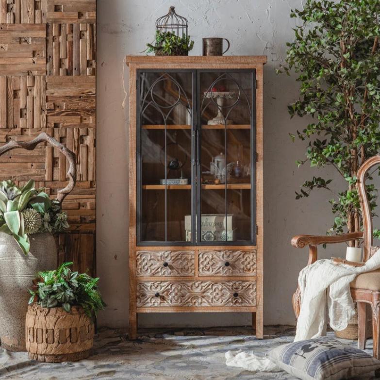 Living Room Furniture Solid Wood Cabinet Farmhouse Vintage Two Door Four Drawer Accent Cabinet