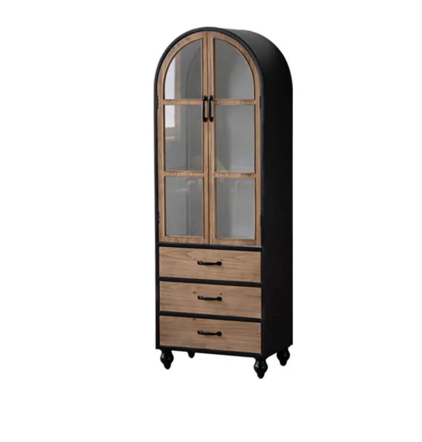 Antique Furniture Rustic Vintage Accent Cabinet Display Showcase Cabinet With Glass Doors And Drawer