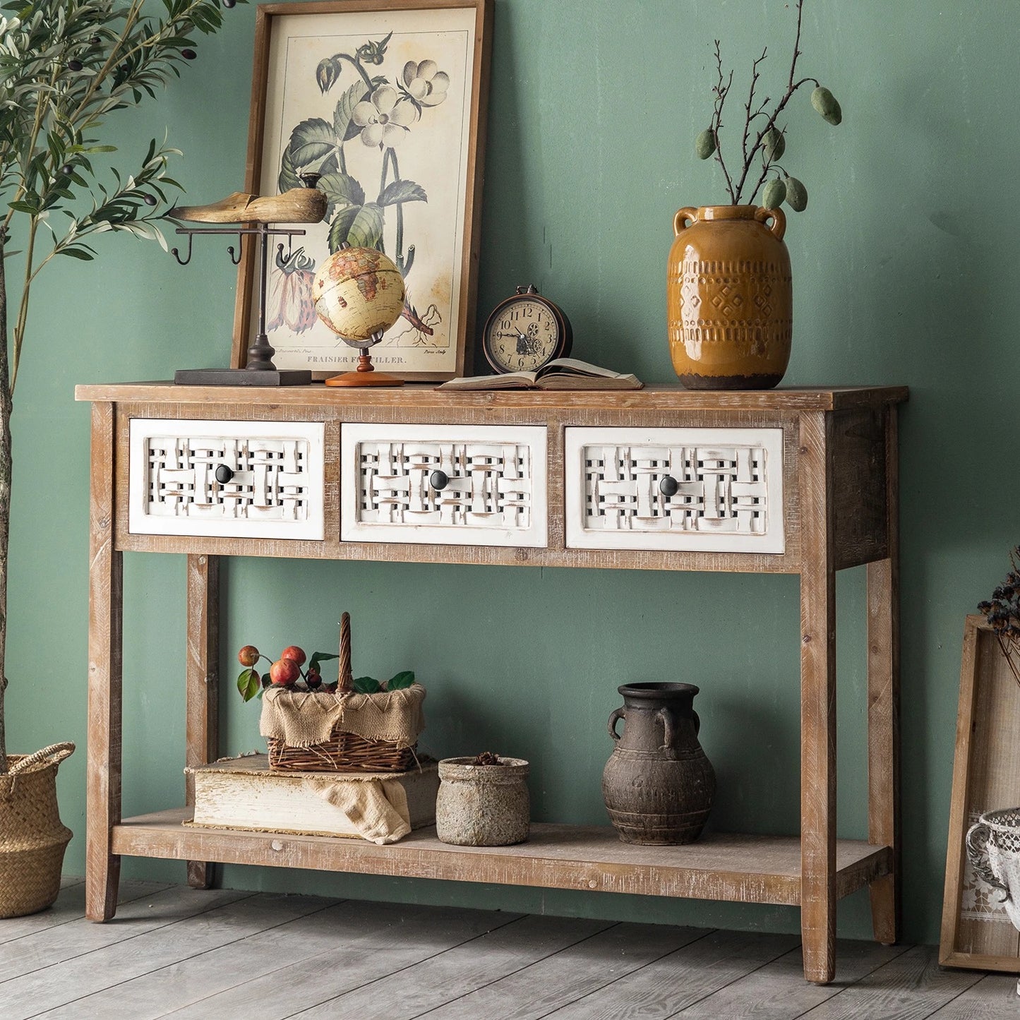 Hallway Country Furniture Living Room Console Table Solid Wood 3 Drawer Wall Accent Cabinets