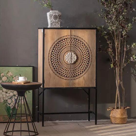 Living Room Furniture Black Iron Frame Vintage Storage Cabinet Bedroom Side Accent Cabinet