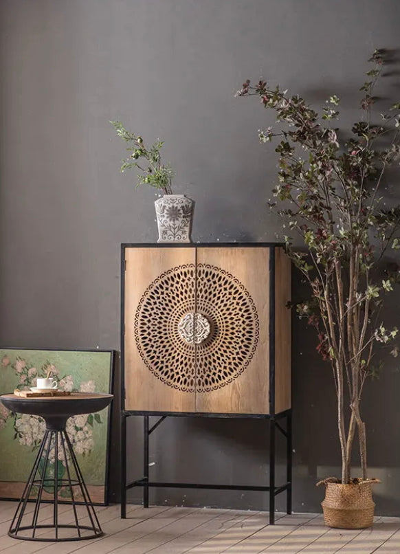 Living Room Furniture Black Iron Frame Vintage Storage Cabinet Bedroom Side Accent Cabinet