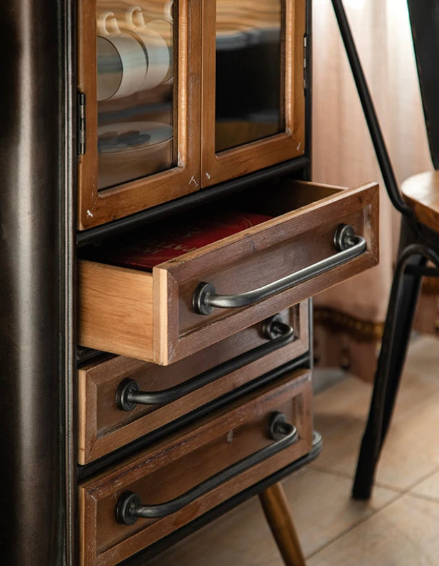 Rustic Solid Wood Retro Metal Cabinet Vintage 2 Glass Door Storage Accent Cabinet