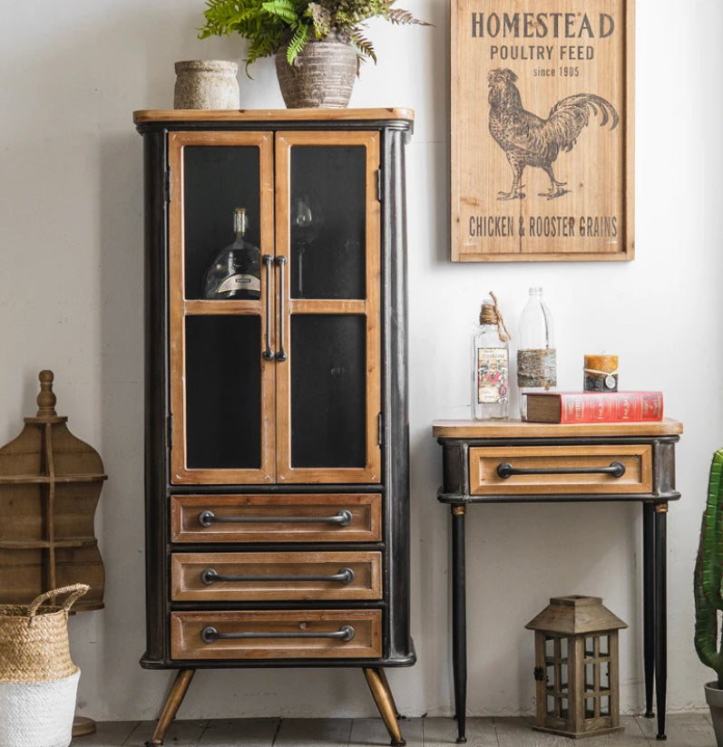 Rustic Solid Wood Retro Metal Cabinet Vintage 2 Glass Door Storage Accent Cabinet