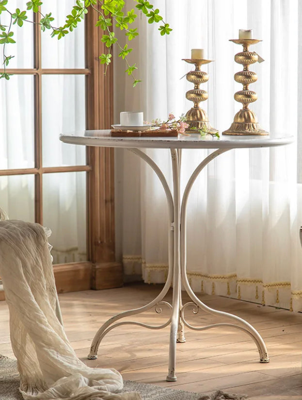 French Style Retro White Coffee,Tea Table Balcony Living Room Natural Iron Accent Table