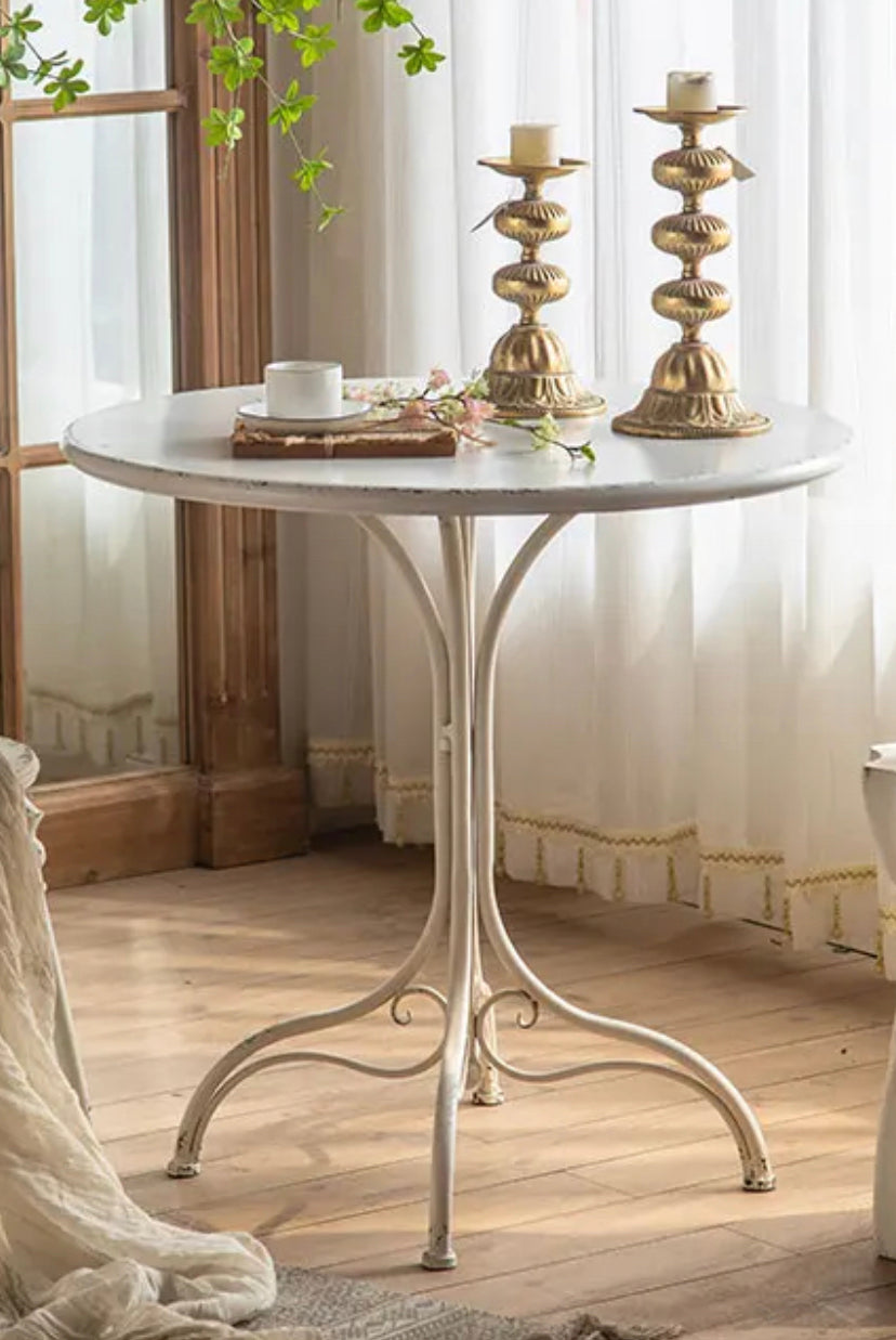 French Style Retro White Coffee,Tea Table Balcony Living Room Natural Iron Accent Table