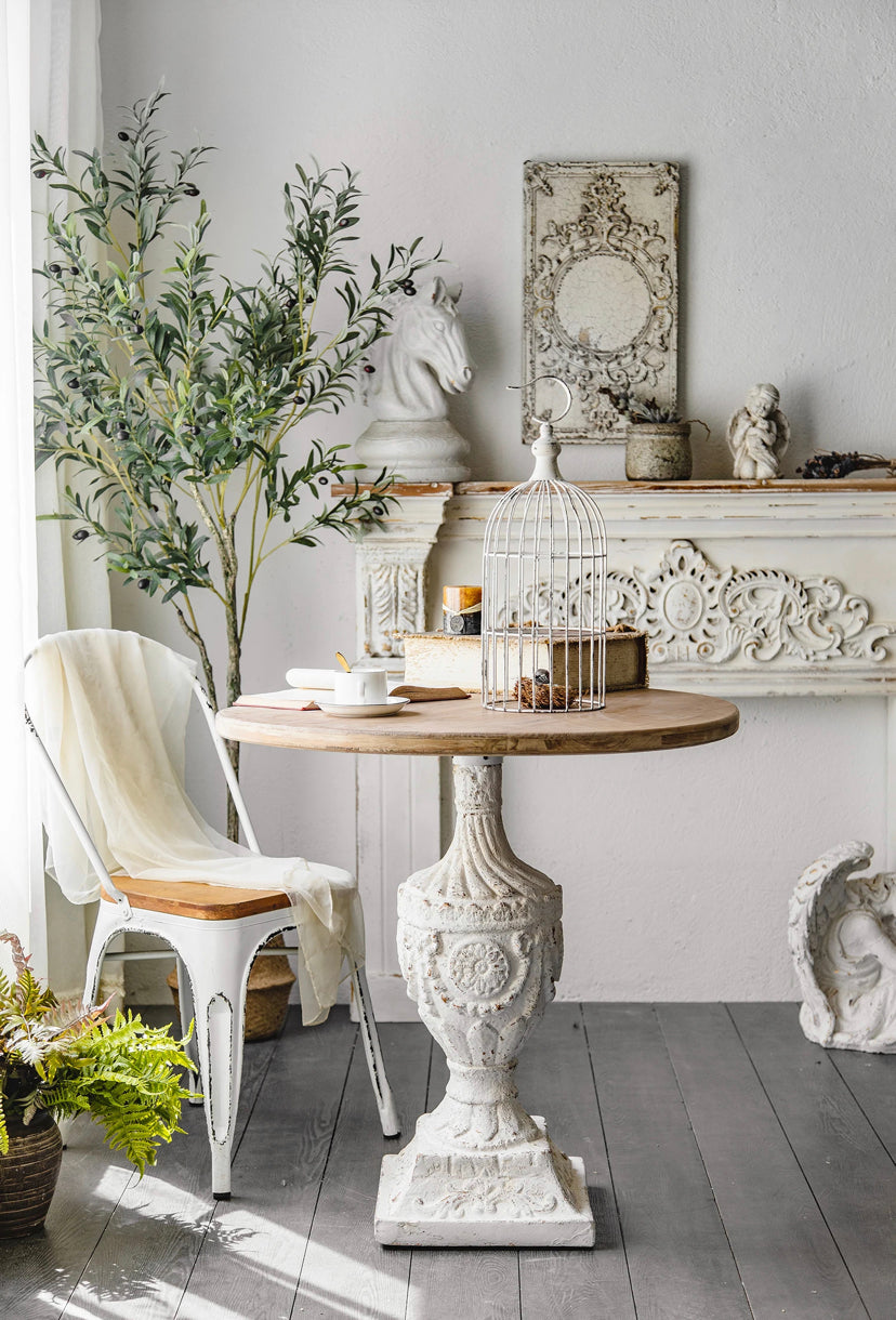 White Antique Coffee Tea Table Living Room Carved Round Accent Table