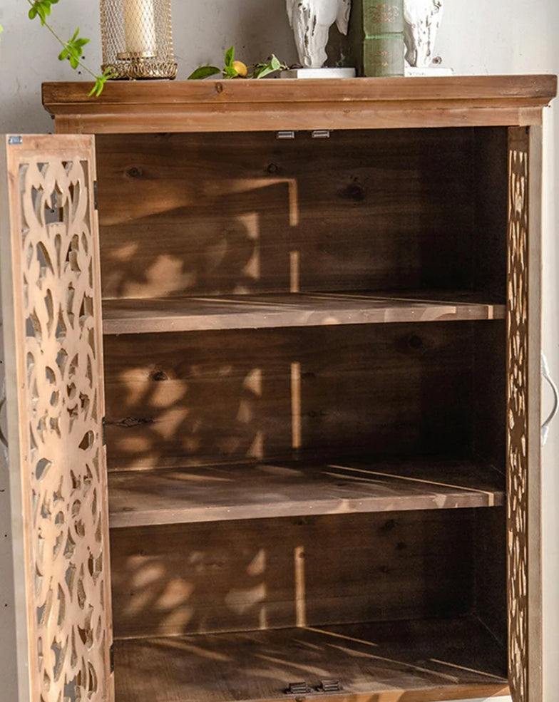 French Antique Vintage Rustic Sideboard Solid Wood Accent Cabinet 4 Hollowed-out Carving Doors Sideboard