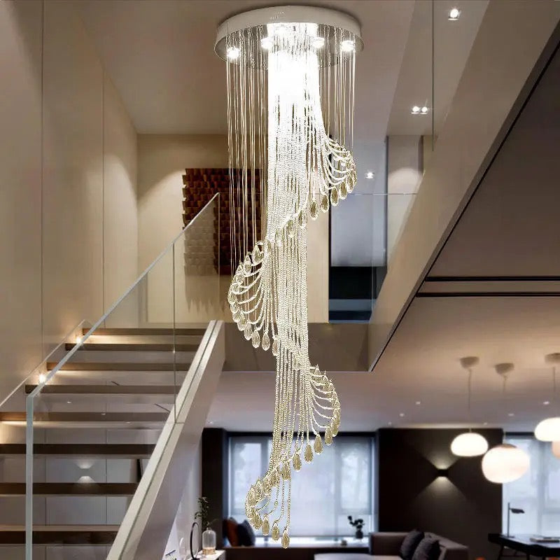 Luxury Spiral Tassels Crystal Staircase Ceiling Chandelier Home Decor Lobby Villa Hall Hanging Pendant Light