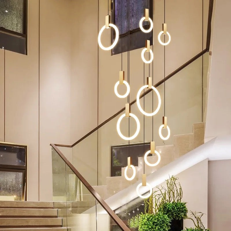 Duplex Building Chandeliers Staircase Long Pendant Light Nordic Villa Creative Ring Circle Light Pendant