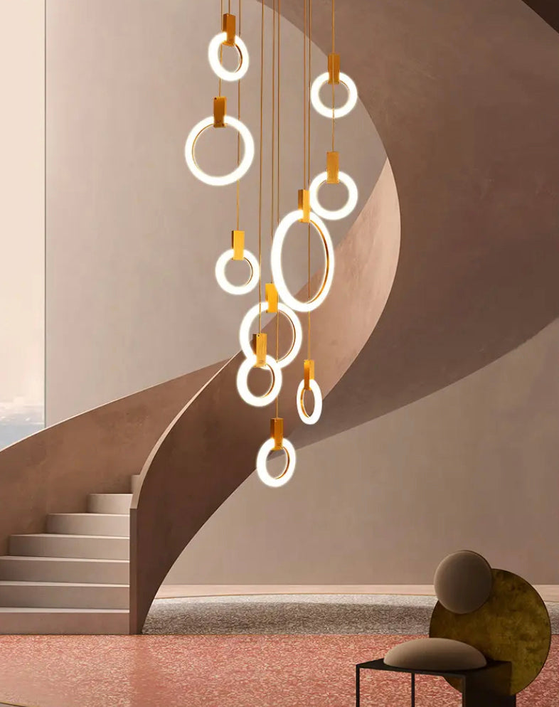 Duplex Building Chandeliers Staircase Long Pendant Light Nordic Villa Creative Ring Circle Light Pendant