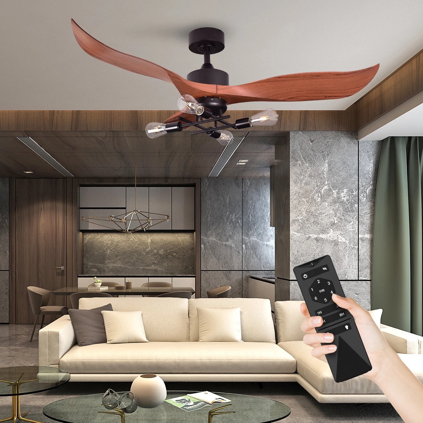 Indoor Outdoor Ceiling Fan Modern 52'' Living Room, Bedroom Remote Control Led Ceiling Fans Light