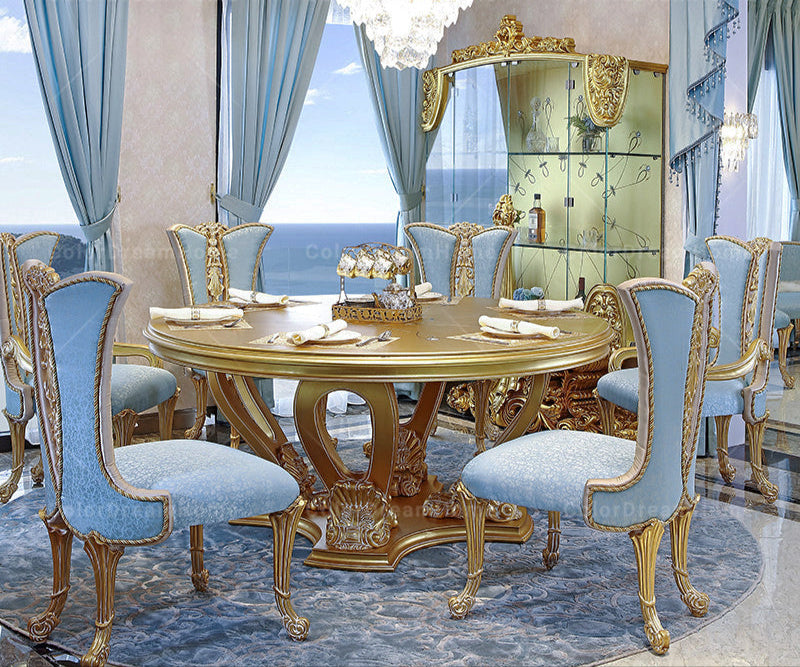 Luxury Baroque 6-Seater Round Dining Table Set - Handcrafted Solid Wood with Gold Leaf
