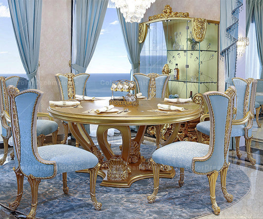 Luxury Baroque 6-Seater Round Dining Table Set - Handcrafted Solid Wood with Gold Leaf