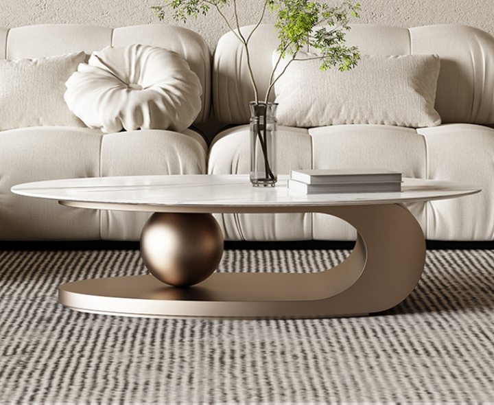 Modern Marble Top Oval Coffee Table - Luxury Stainless Steel Center Table