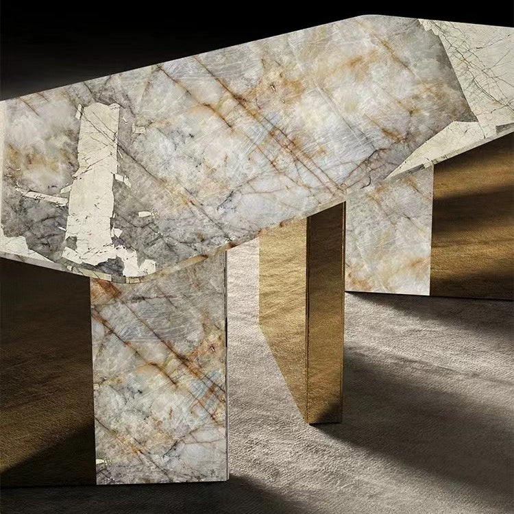 Ultra Luxury Dining Room Furniture White And Gold Marble Metal Legs Dining Table 8 Seater Dining Table Set