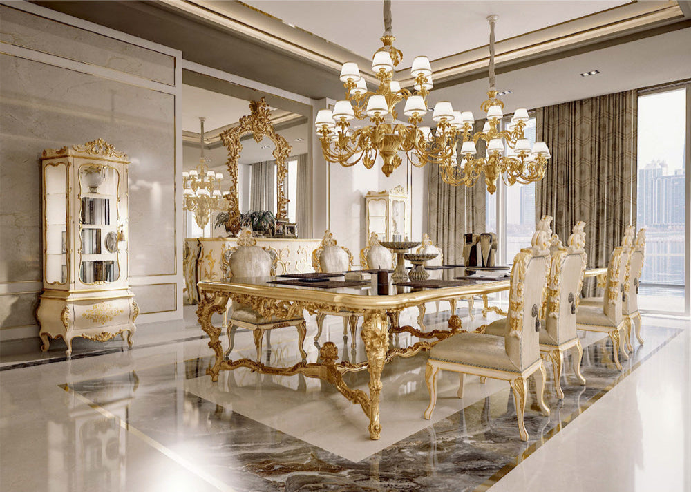 Neoclassical Baroque Luxury Solid Wood 8-Seater Dining Table Set with Marble Top - Handcrafted in Germany