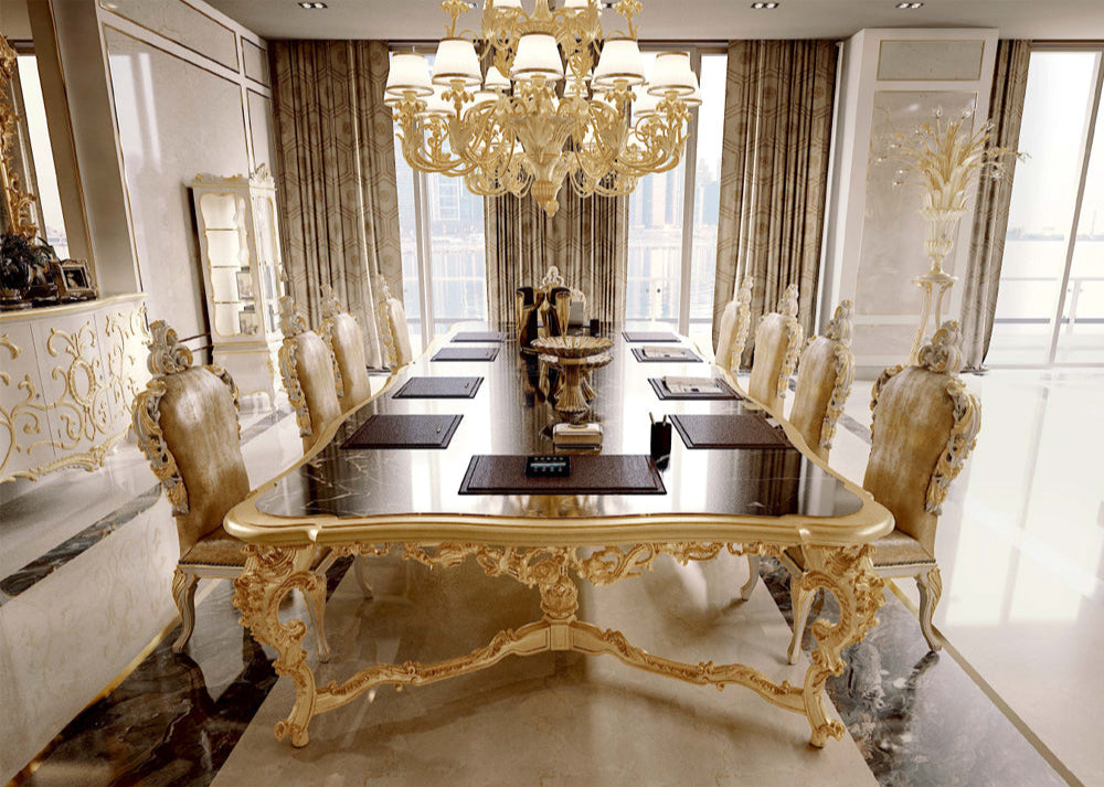 Neoclassical Baroque Luxury Solid Wood 8-Seater Dining Table Set with Marble Top - Handcrafted in Germany