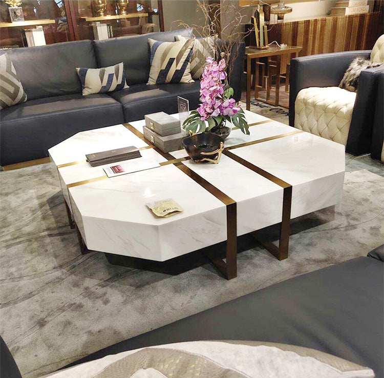 White Marble Square Coffee Table - Gold Plated Steel Modern Arabic Style