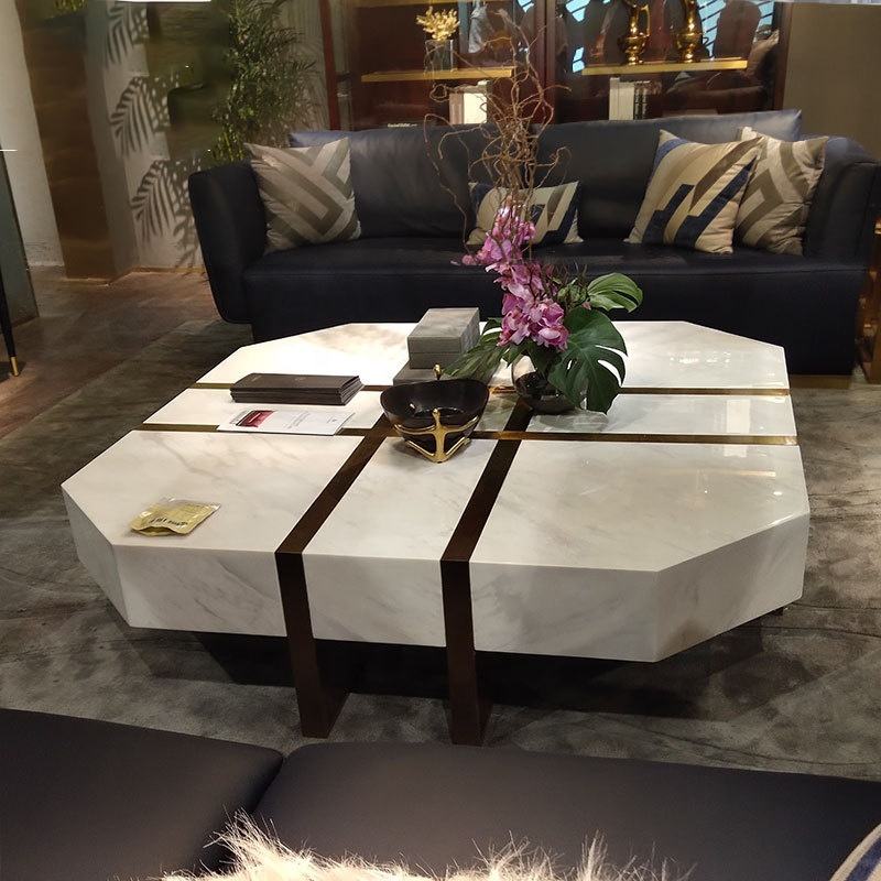White Marble Square Coffee Table - Gold Plated Steel Modern Arabic Style