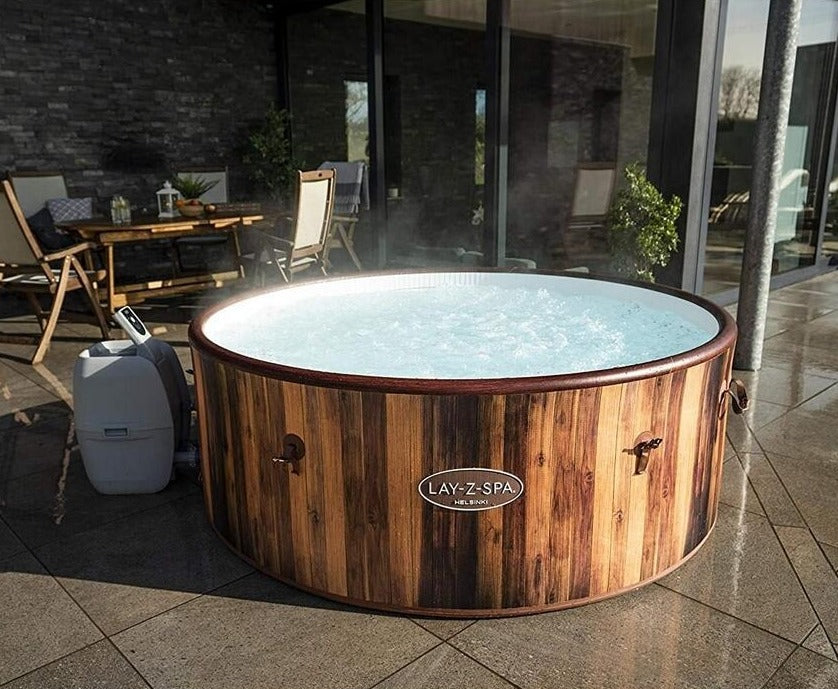 Outdoor Spa Helsinki Lay-Z-Spa Rapid Heating Hot Tub 180 AirJet Wood Effect Inflatable Spa With Freeze Shield Year Round Technology