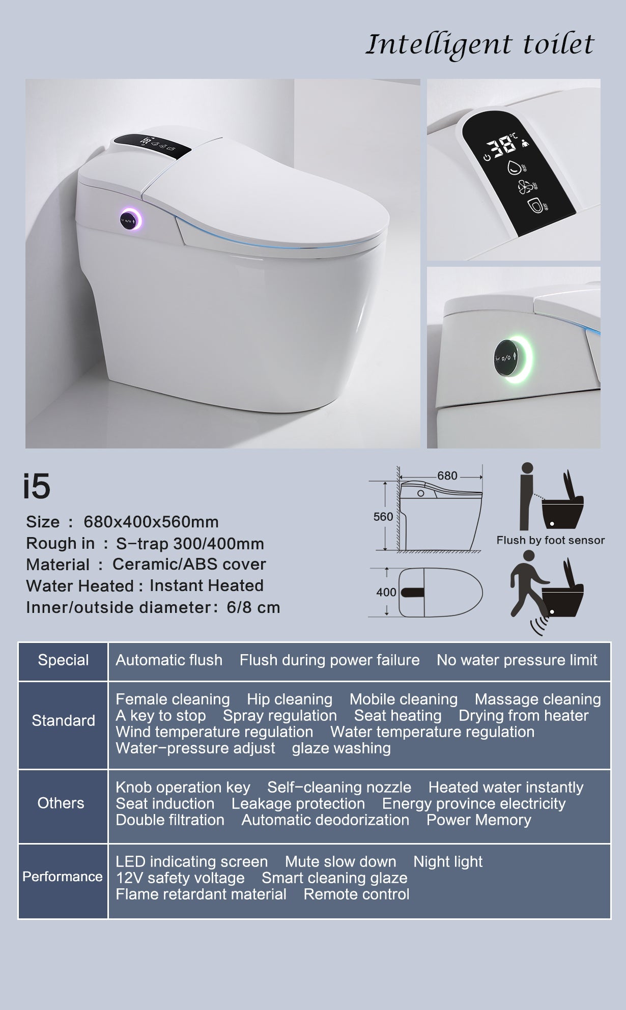 Bathroom Toilet S-trap Intelligent Floor Mounted WC Remote Controlled Smart Bidet Toilette