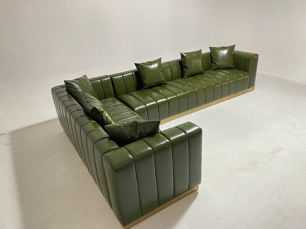 L Shaped Sofa Green Leather Upholstery Sectional Sofa Set Fall Winter Interior Design